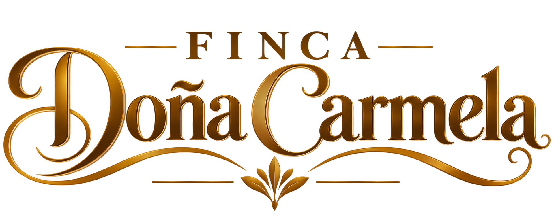 Logotipo de Finca Doña Carmela en letras serif doradas con adornos decorativos sobre fondo blanco