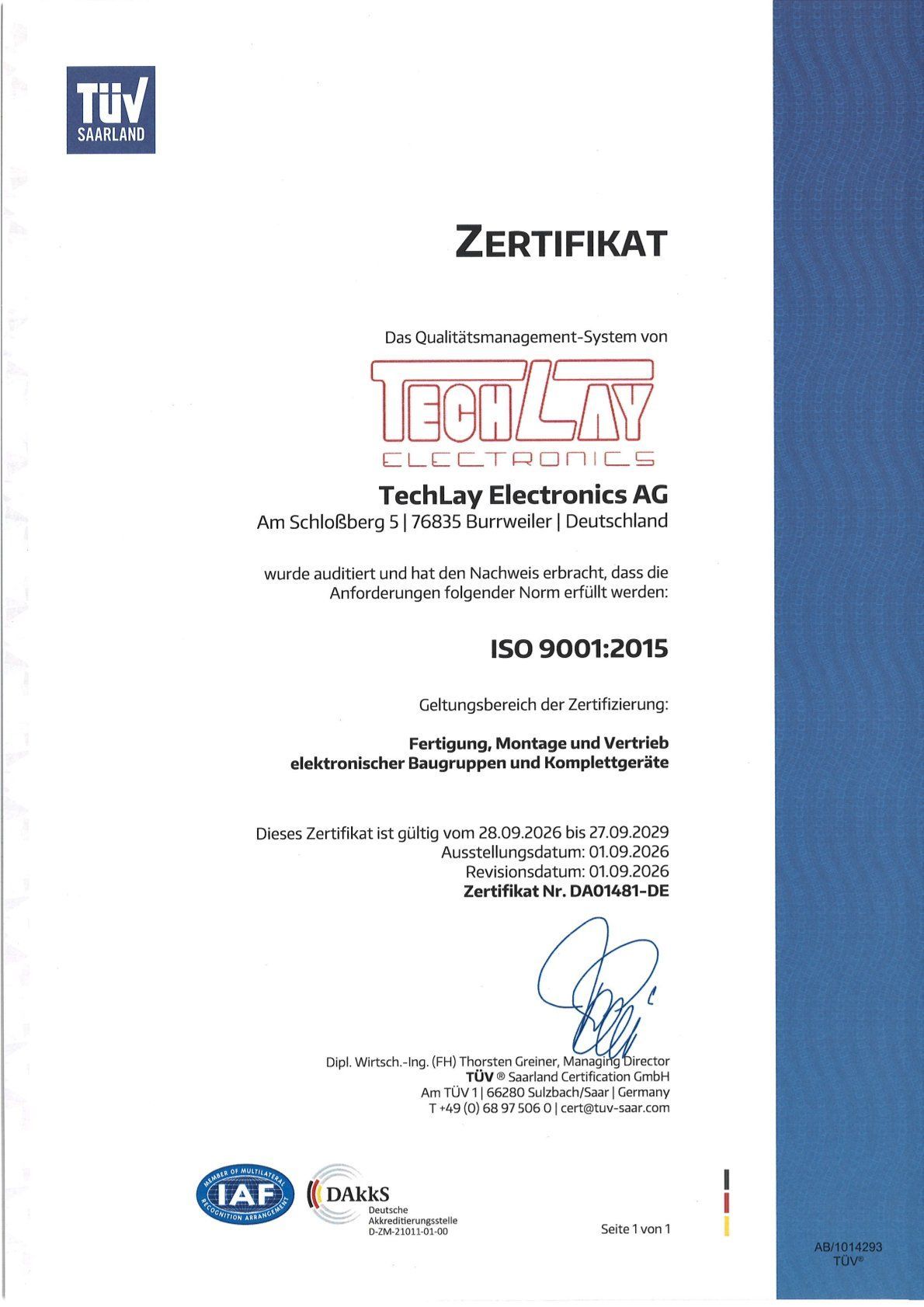 Zertifikat für das Management-System von TechLay Electronics AG nach ISO 9001:2015