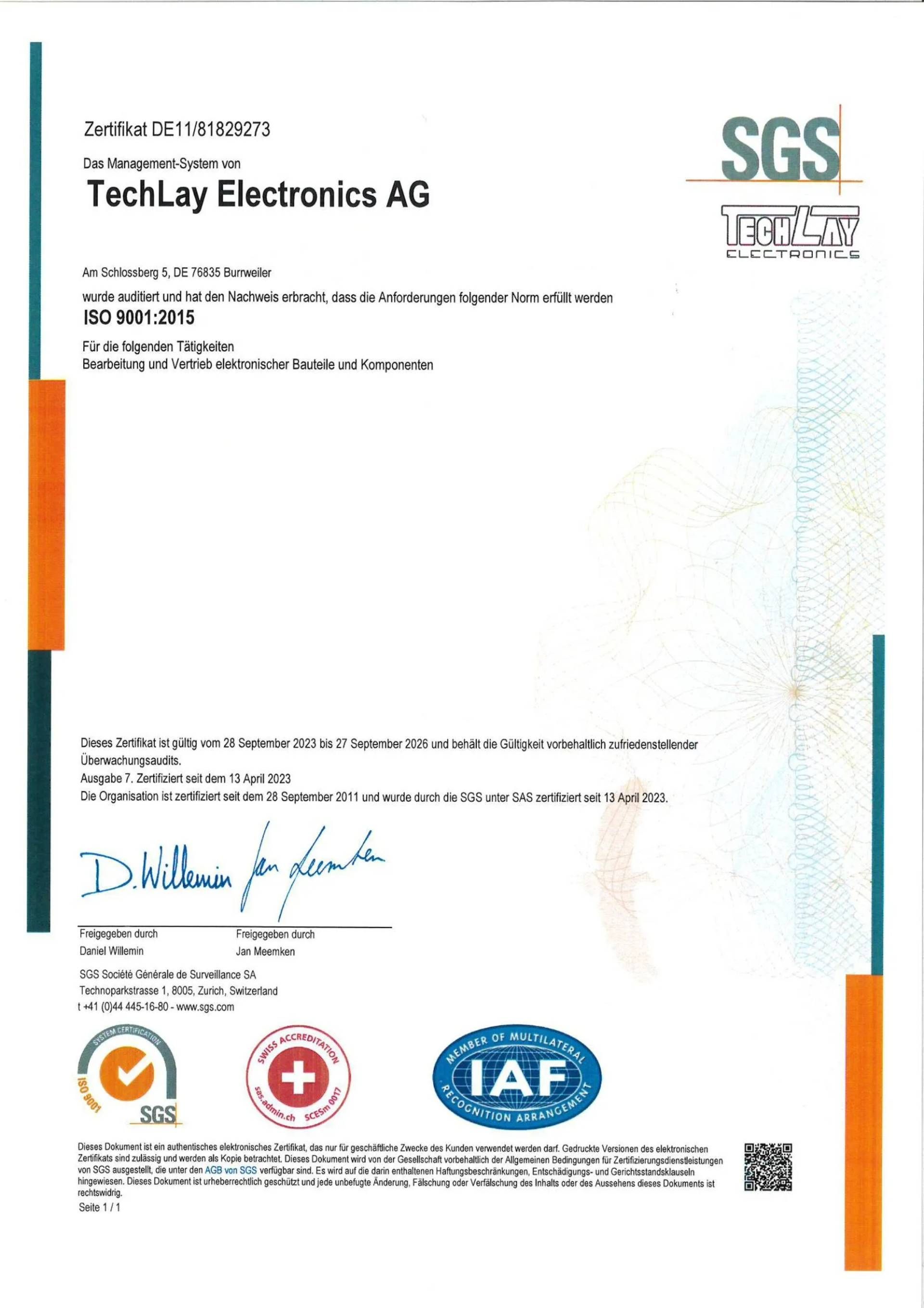 Zertifikat für das Management-System von TechLay Electronics AG nach ISO 9001:2015