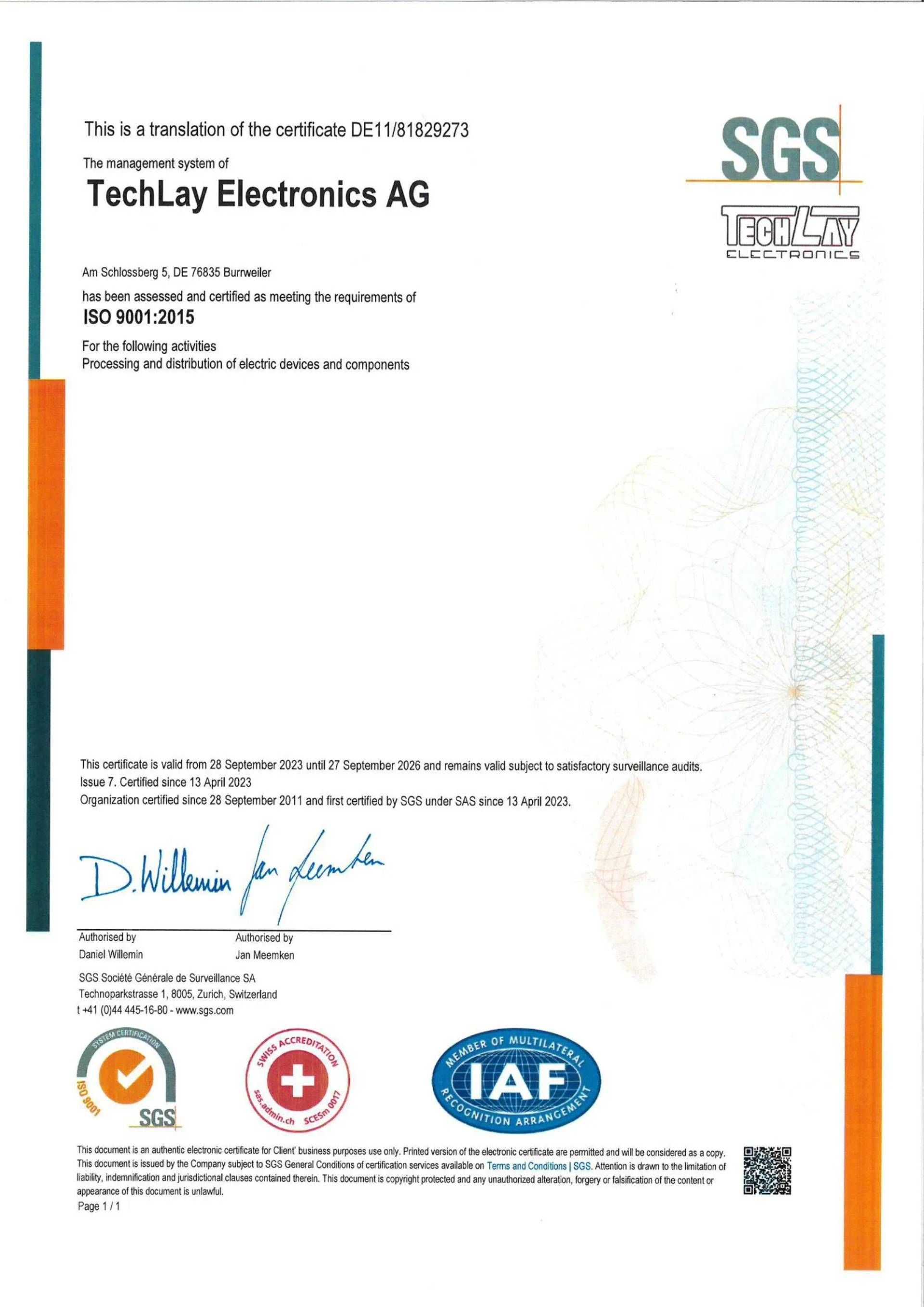 Englisches Zertifikat for the management system of TechLay Electronics AG of ISO 9001:2015