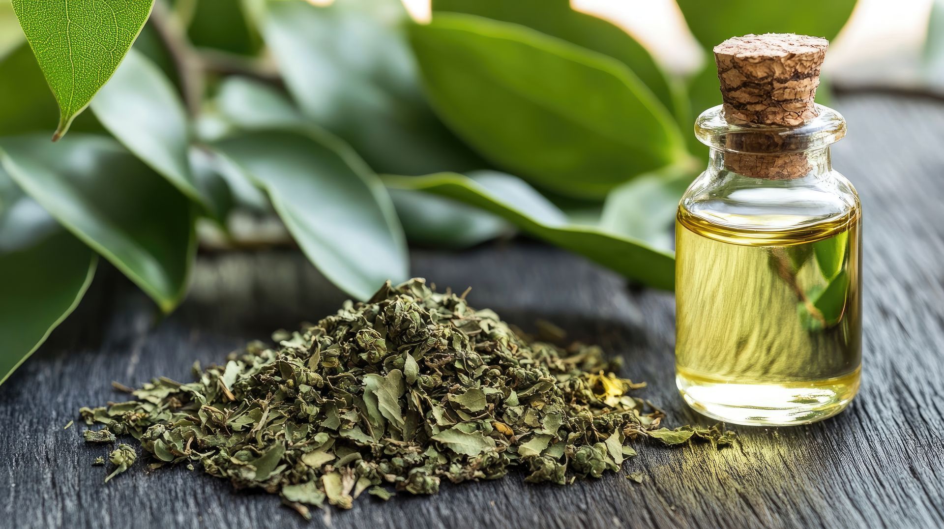 Teebaumölflasche mit getrockneten Blättern und frischem grünen Laub.