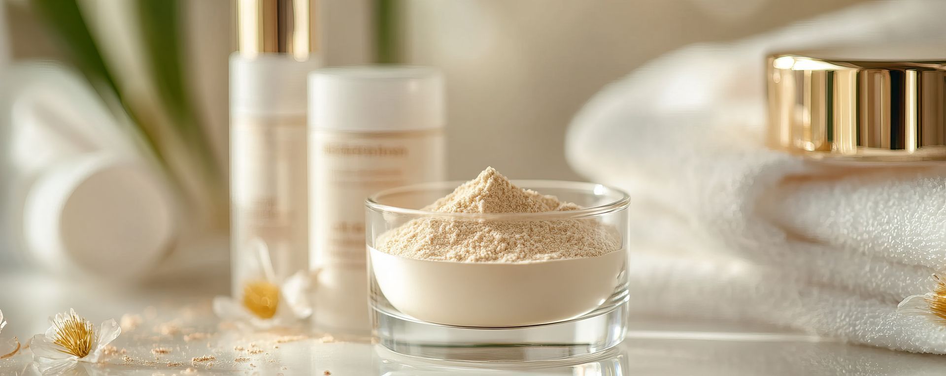 Kosmetikprodukte mit einer kleinen Schale Puder in der Mitte, auf einer weißen Fläche.