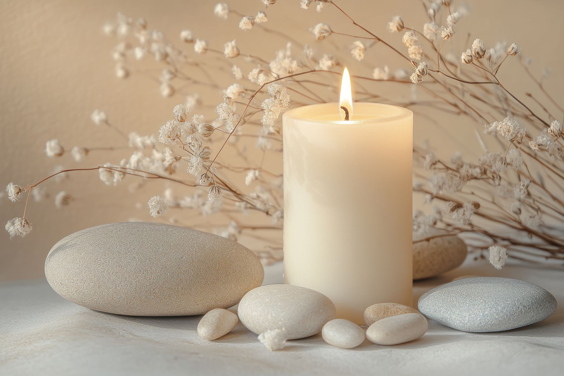 Brennende weiße Kerze mit Kieselsteinen und Trockenblumen in einer ruhigen Umgebung.