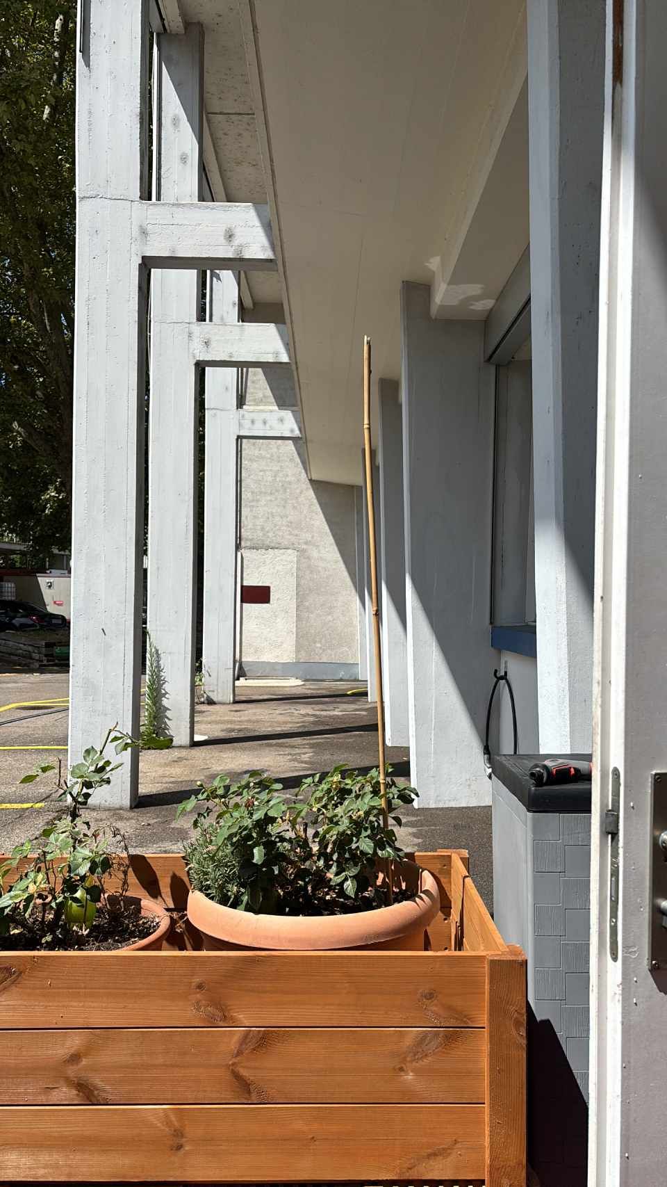 Ein hölzerner Pflanzkasten mit Pflanzen steht vor der Veranda eines grauen Gebäudes, im Hintergrund sind Säulen und ein Türbogen zu sehen.