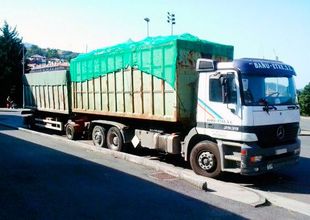 Un camión Mercedes está estacionado al costado de la carretera.