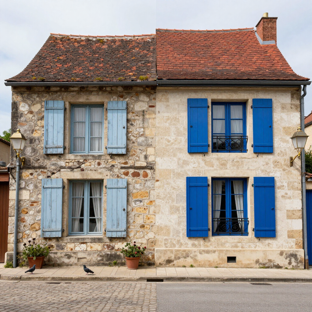 Maison en pierre au toit rouge et aux volets bleus, située dans une rue calme.