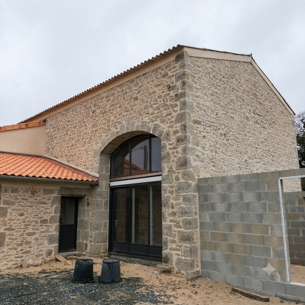Extérieur d'une maison en pierre avec fenêtre cintrée, toit en tuiles de terre cuite et pan de mur inachevé