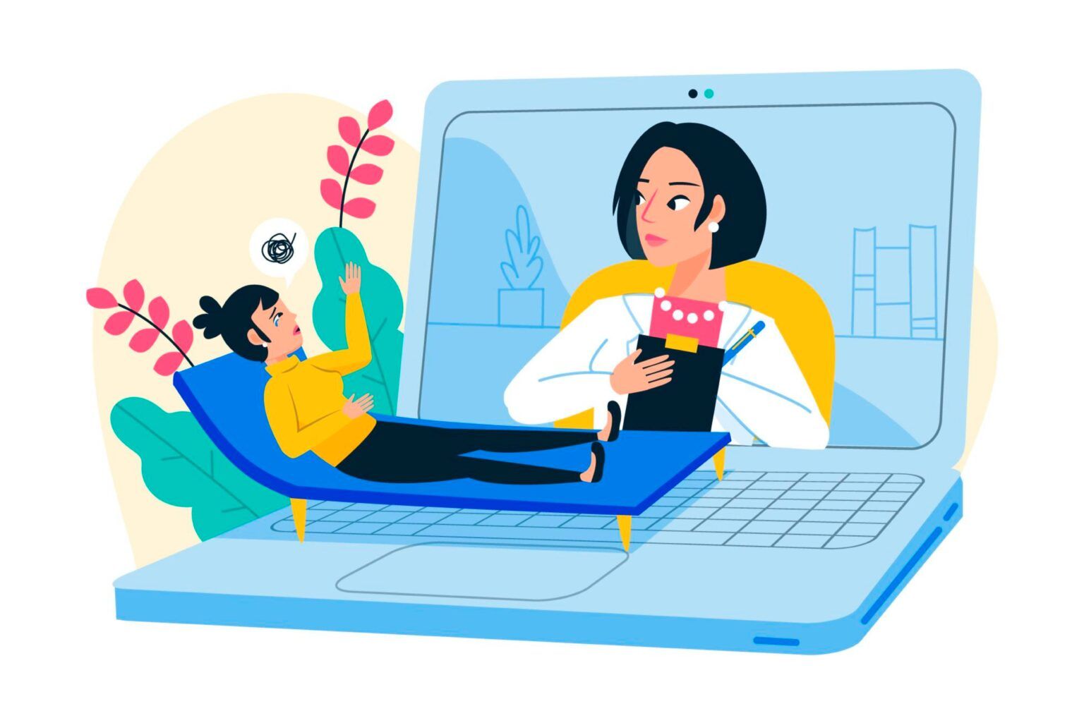 Una ilustración digital muestra a una persona tumbada en un sofá, apoyada sobre el teclado de un ordenador portátil.