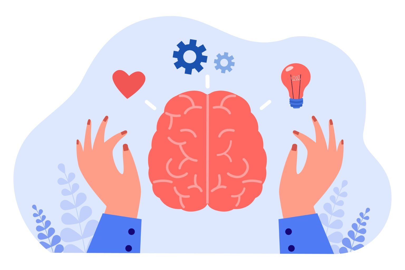 Unas manos enmarcan un cerebro rosa con un corazón, engranajes y un icono de bombilla encima