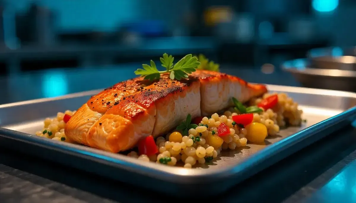 Un filete de salmón sellado servido sobre cuscús con pimientos rojos y amarillos en una bandeja de metal 