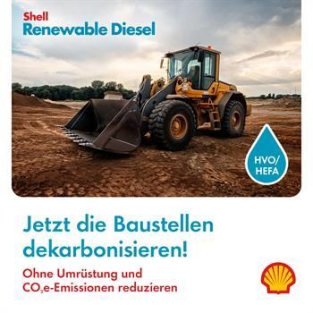 Eine Werbung für erneuerbaren Diesel von Shell zeigt einen Bulldozer auf einer unbefestigten Straße