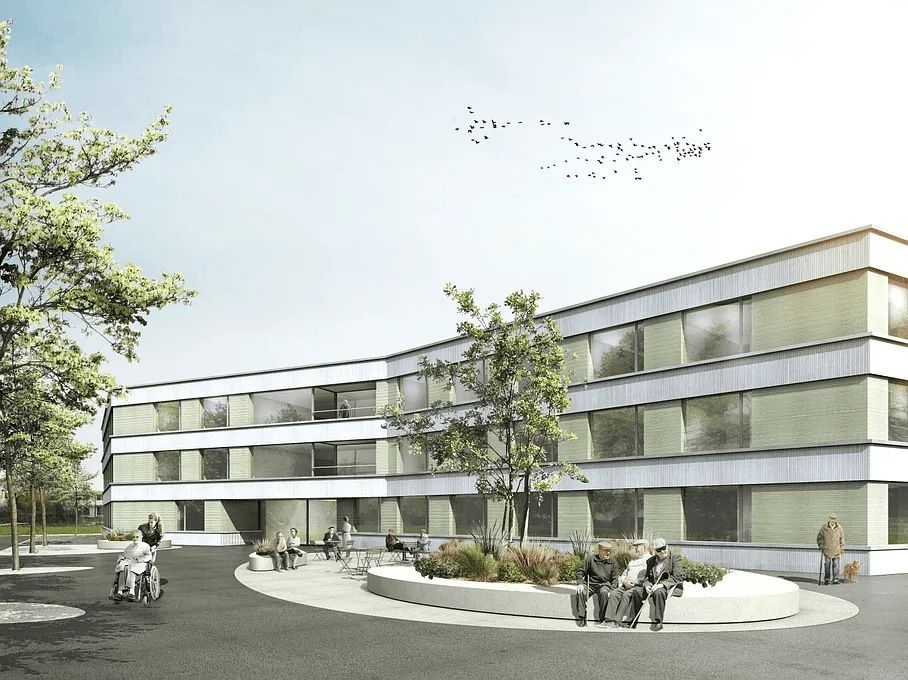 Une impression d'artiste d'un grand bâtiment avec beaucoup de fenêtres