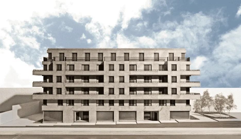 Une impression d'artiste d'un grand immeuble d'appartements avec de nombreux balcons.