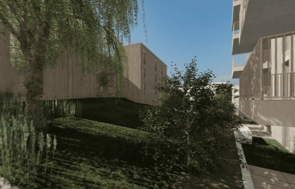 Une impression d'artiste d'un quartier résidentiel avec des arbres et des bâtiments.