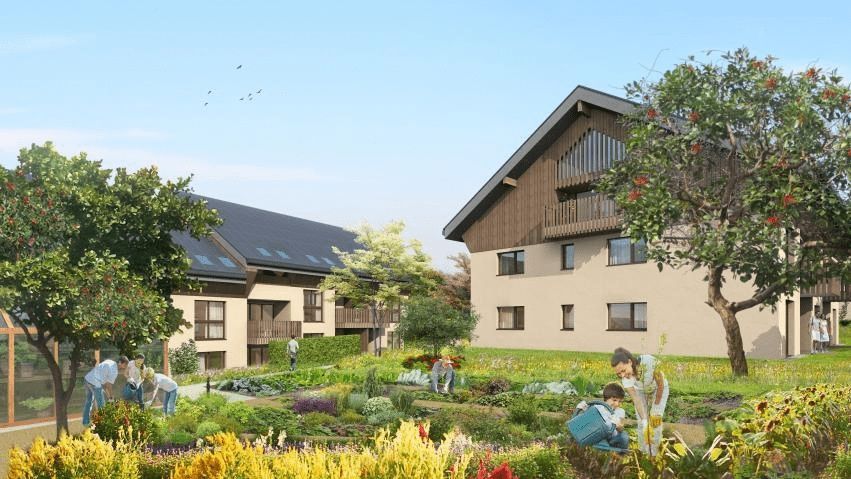 Une impression d'artiste d'une maison avec un jardin devant elle.