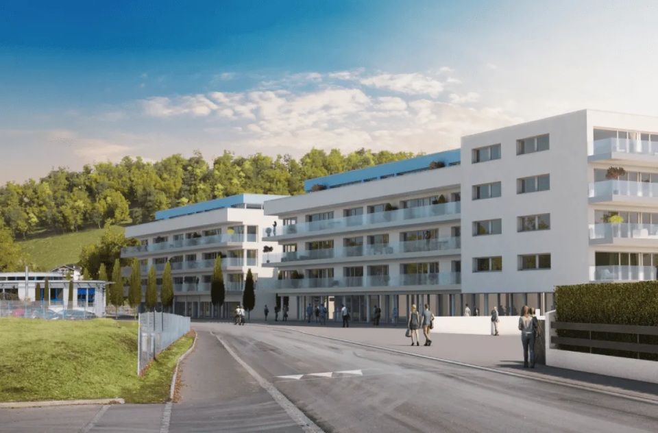 Une impression d'artiste d'un grand immeuble d'appartements