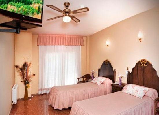 Un dormitori amb dos llits i un televisor de pantalla plana