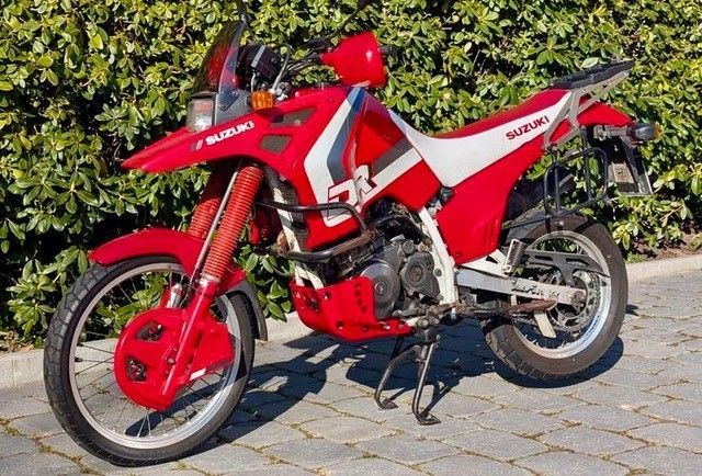 Ein rotes Suzuki-Motorrad ist vor einem Busch geparkt