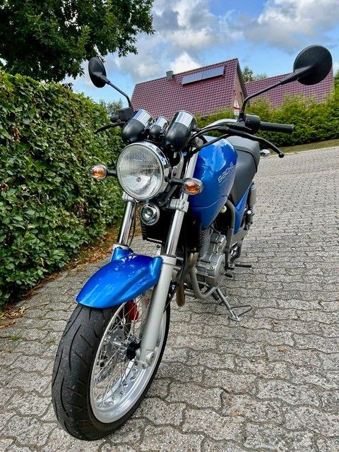 Blaues Motorrad, das auf einer gepflasterten Auffahrt vor einem Haus geparkt ist.