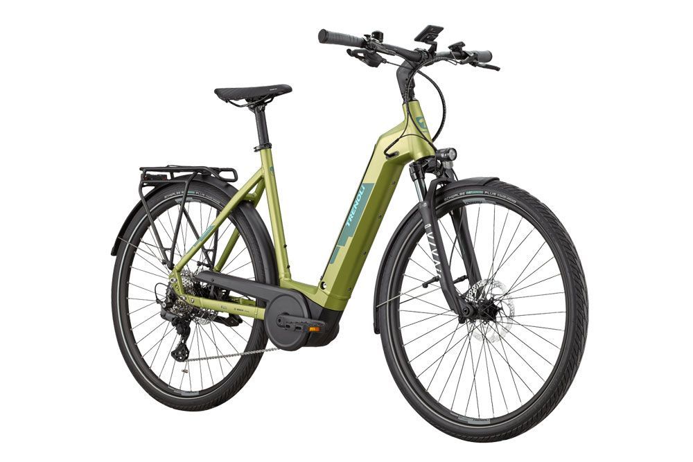 Ein grünes Elektrofahrrad mit Motor auf weißem Hintergrund.