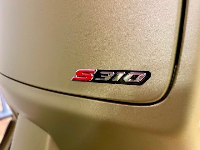 Nahaufnahme eines beigen Rolleremblems, „S310“ in Rot und Silber auf mattem Untergrund.