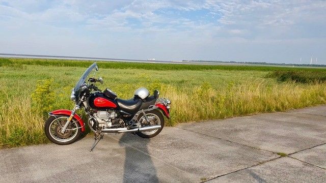 Ein rotes Motorrad parkt neben hohem Gras an einer asphaltierten Straße. Im Hintergrund sind blauer Himmel, Wasser und Windmühlen zu sehen.