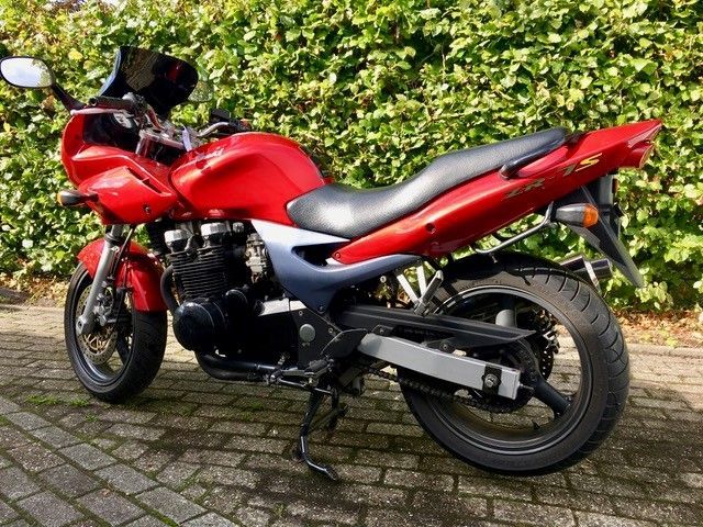 Ein rotes Motorrad ist auf einem gepflasterten Gehweg vor einem Busch geparkt.