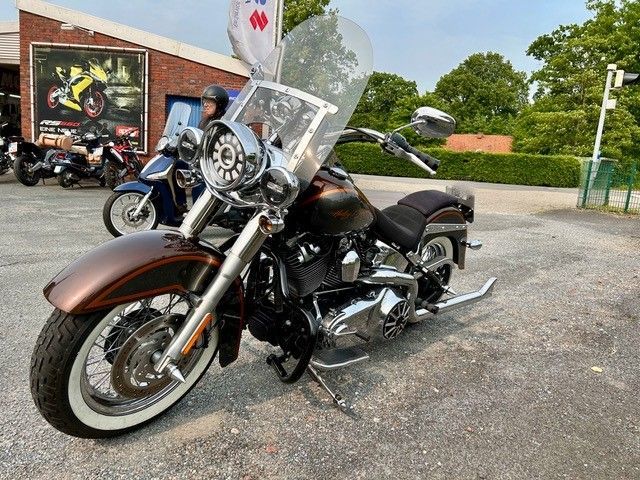 Ein braunes Harley-Davidson-Motorrad steht auf einem Parkplatz