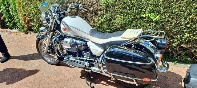 Ein weiß-schwarzes Motorrad mit Chromdetails, das vor einer grünen Hecke geparkt ist.