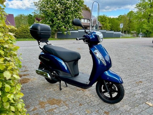 Ein blauer Motorroller steht auf einem Parkplatz neben einem Busch.