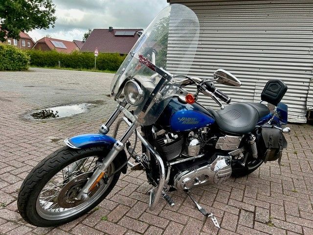 Blaues Harley-Davidson-Motorrad mit Windschutzscheibe und Satteltaschen, geparkt auf einer Ziegelfläche.