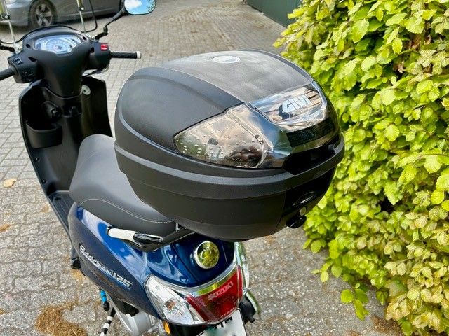 Ein blauer Motorroller mit schwarzem Topcase ist neben einem Busch geparkt.