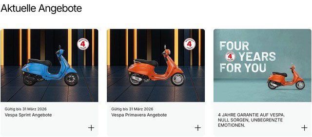 Vespa-Roller in Blau und Orange. Sonderangebote werden in einem Raster auf dunklem Hintergrund dargestellt.