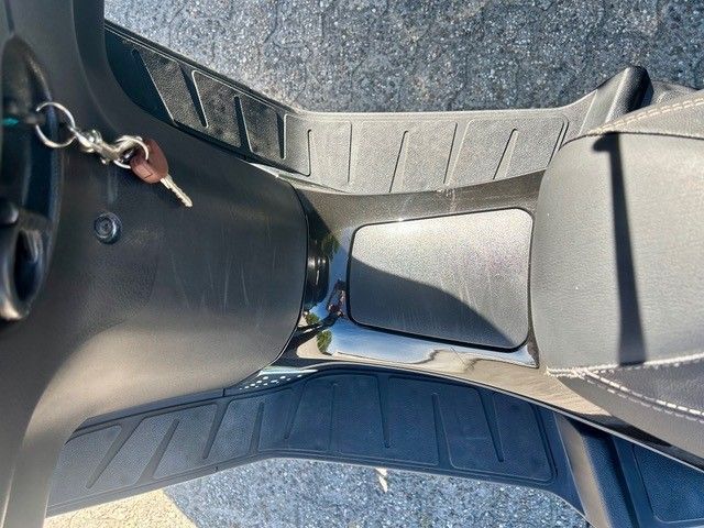 Ein Hund sitzt im Kofferraum eines Autos, von oben gesehen, neben einem Schlüsselanhänger und grauen Polstern.