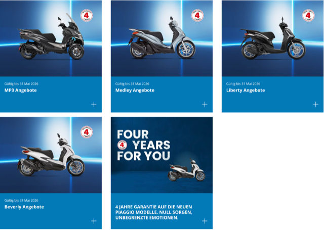 Sechs Piaggio-Rollermodelle wurden im Rahmen der Werbeaktion „Vier Jahre für Sie“ präsentiert.