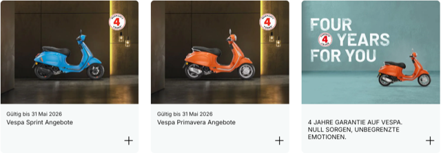 Vespa-Roller in Blau und Orange. Sonderangebote werden in einem Raster auf dunklem Hintergrund dargestellt.
