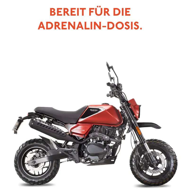 Ein rotes Motorrad mit der Aufschrift „Bereit für die Adrenalin-Dosis“ darüber