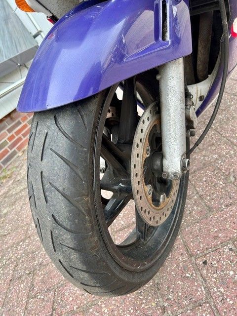 Nahaufnahme eines lila Motorradvorderrads mit Kotflügel auf einer gepflasterten Fläche.