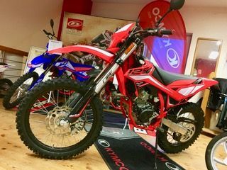In einem Ausstellungsraum steht ein rotes Dirtbike.