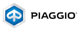 Piaggio-Logo mit blauem sechseckigem Emblem und schwarzem Schriftzug auf weißem Hintergrund