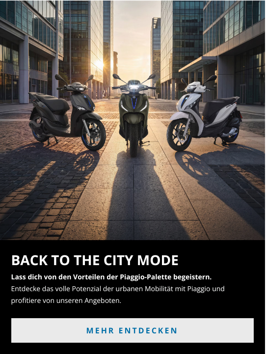 Sechs Piaggio-Rollermodelle wurden im Rahmen der Werbeaktion „Vier Jahre für Sie“ präsentiert.