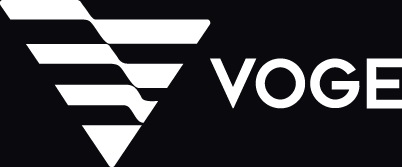 Ein weißes Logo auf schwarzem Hintergrund mit der Aufschrift „voge“