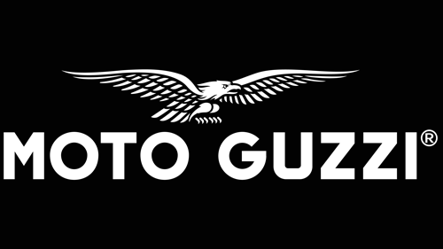 Das Moto Guzzi-Logo ist weiß auf schwarzem Hintergrund.