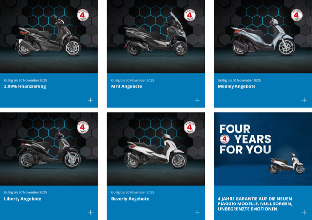 Sechs Piaggio-Rollermodelle wurden im Rahmen der Werbeaktion „Vier Jahre für Sie“ präsentiert.