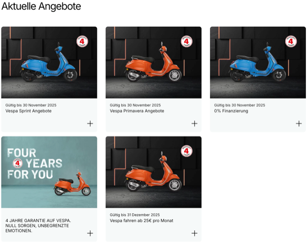 Vespa-Roller in Blau und Orange. Sonderangebote werden in einem Raster auf dunklem Hintergrund dargestellt.