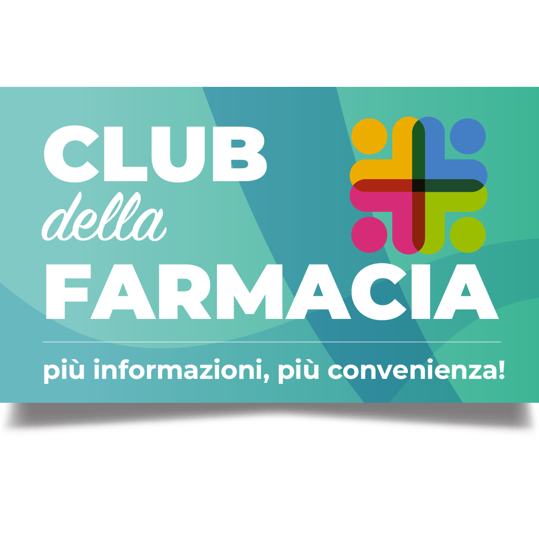 Club della Farmacia logo: simbolo della croce sulla destra in 4 colori (arancione, azzurro, rosso e verde acido) background in due toni diversi di verde.