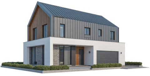 Maison moderne à deux étages avec bardage gris, grandes fenêtres et toit en métal foncé