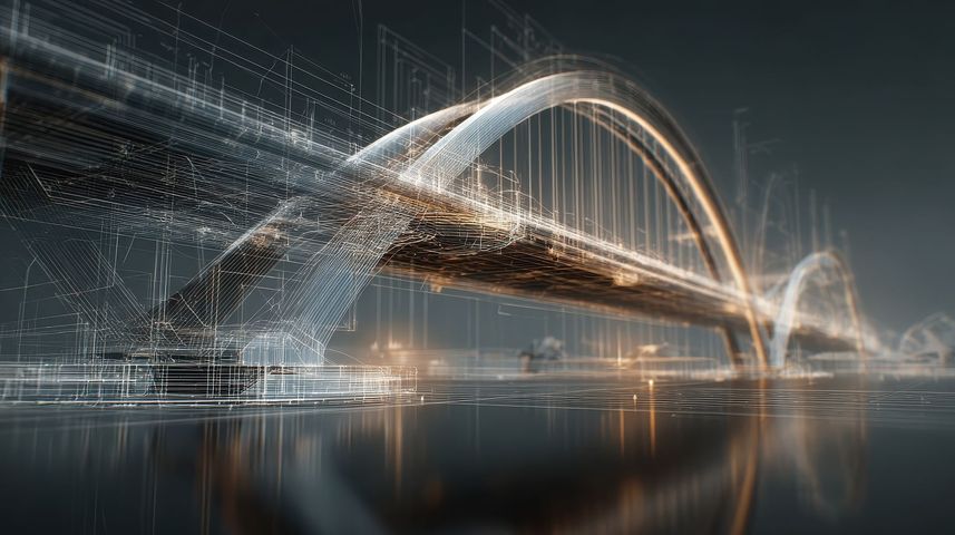 Pont futuriste en arc de cercle au-dessus d'eaux calmes la nuit, avec les lumières de la ville et leurs reflets lumineux.