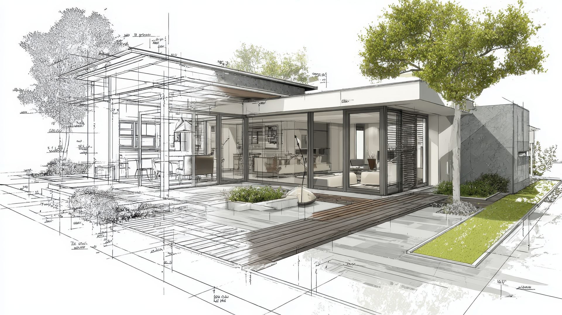 Plan de l'extérieur d'une maison moderne avec de grandes fenêtres, une terrasse et des arbres environnants.