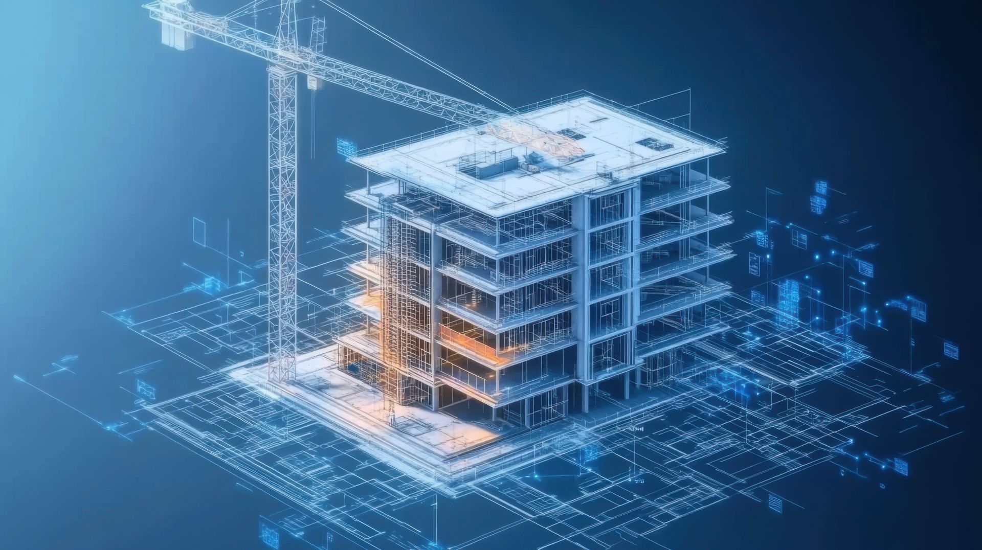 Modèle 3D de bâtiment de style plan avec une grue sur fond numérique bleu